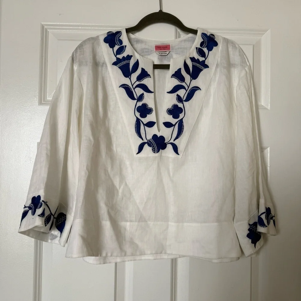 KATE SPADE Embroidered Zigzag Floral Linen Top Size Medium